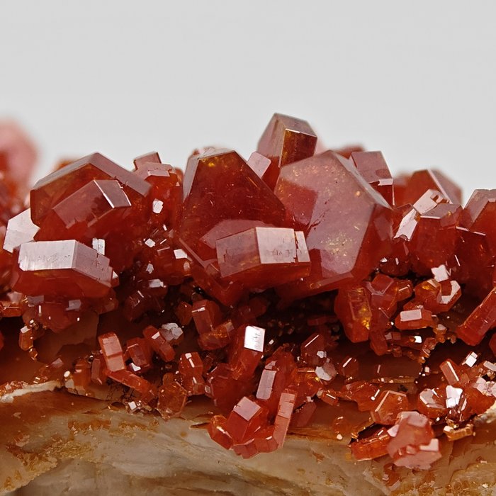 Tormenta de vanadinite rojo sangre sobre barita amarilla Cristales sobre matriz - Altura: 82 mm - Ancho: 41 mm- 85 g — foto 6