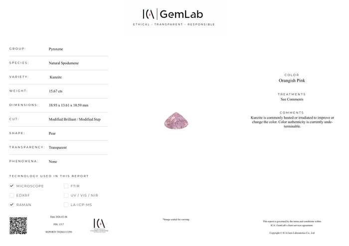 1 pcs Rosa, Naranja Kunzita - 15.67 ct - ICA GemLab - No calefaccionado - No tratado — foto 4