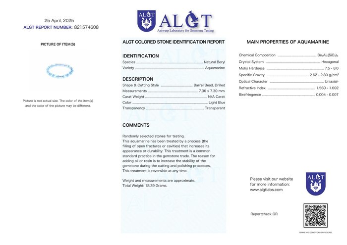 Certificado por ALGT - Brazalete exclusivo de aguamarina natural - Azul intenso y calidad excepcional- 18.39 g — foto 2